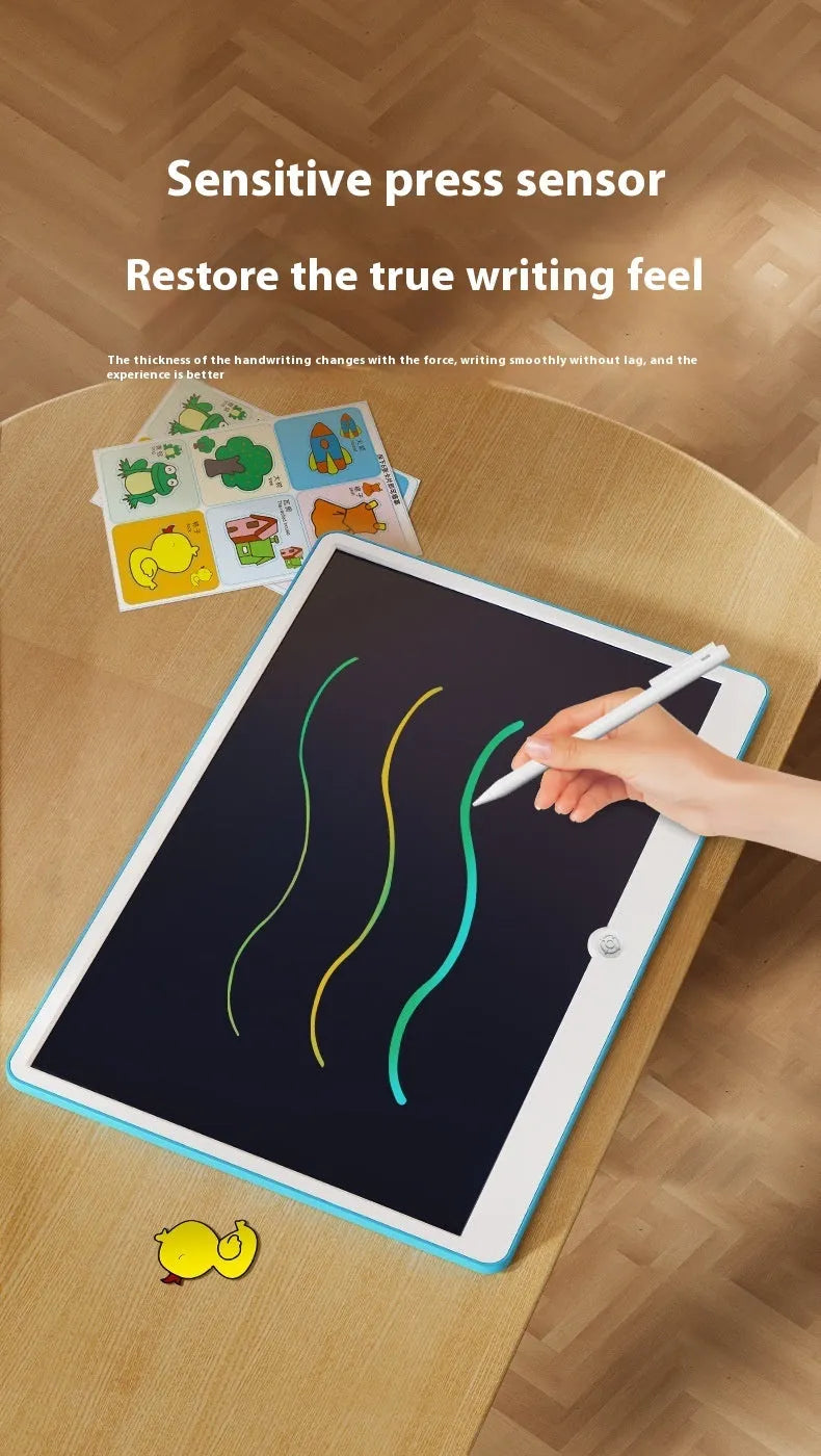 19-inch blue and white rechargeable LCD children's drawing board with stylus on a table
