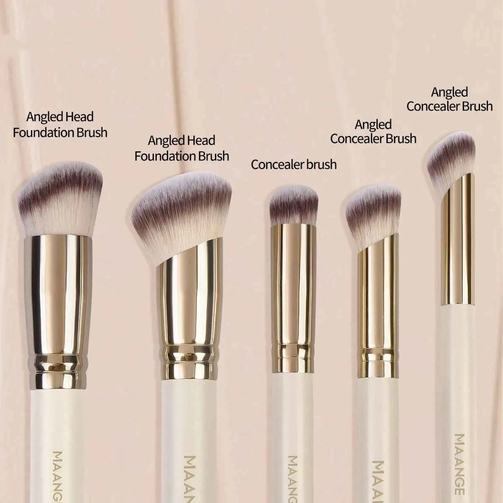 5 angled apricot makeup brushes with synthetic bristles for contouring and blush application