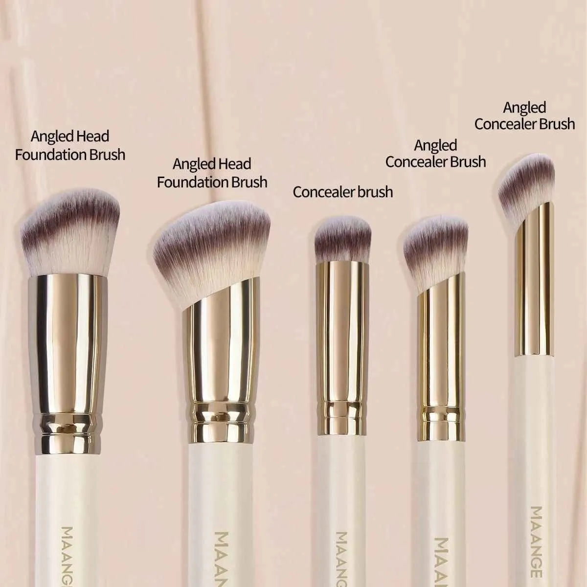 5 angled apricot makeup brushes with synthetic bristles for contouring and blush application