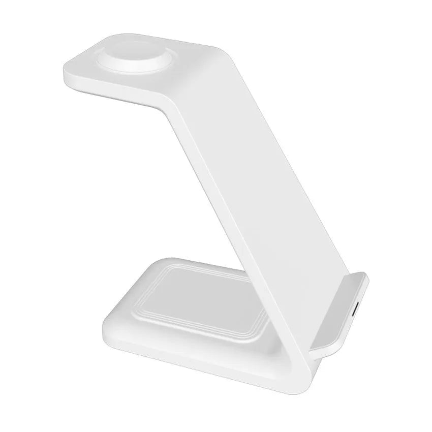 White 3-in-1 upright wireless charger with phone holder showing Type-C cable connection