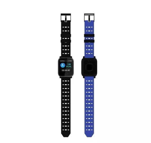 A6 smart bracelet with colour screen and zinc alloy body, shown with silicone strap in blue, black, or orange.