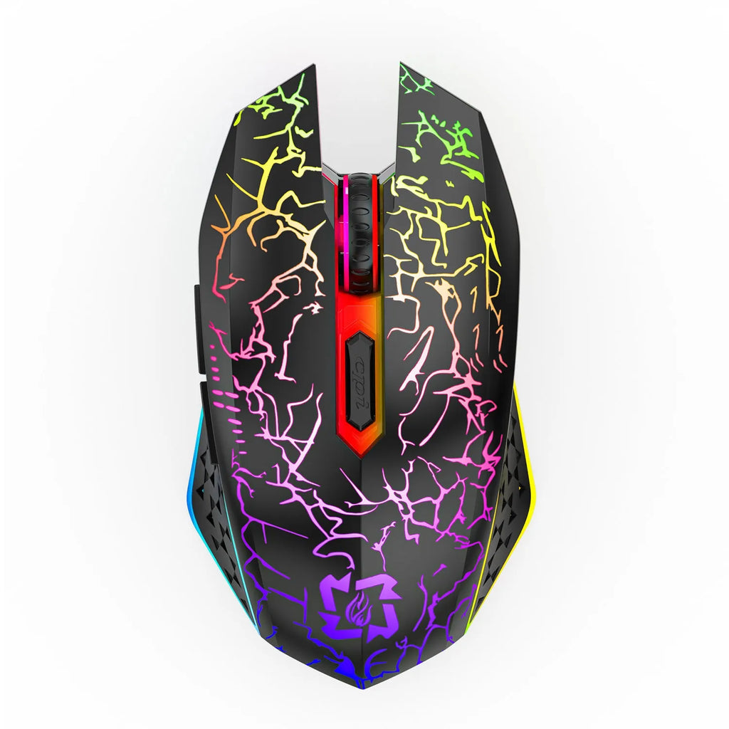 Black and white gaming mouse with luminous breathing light, showing dual-mode connectivity and self-charging design