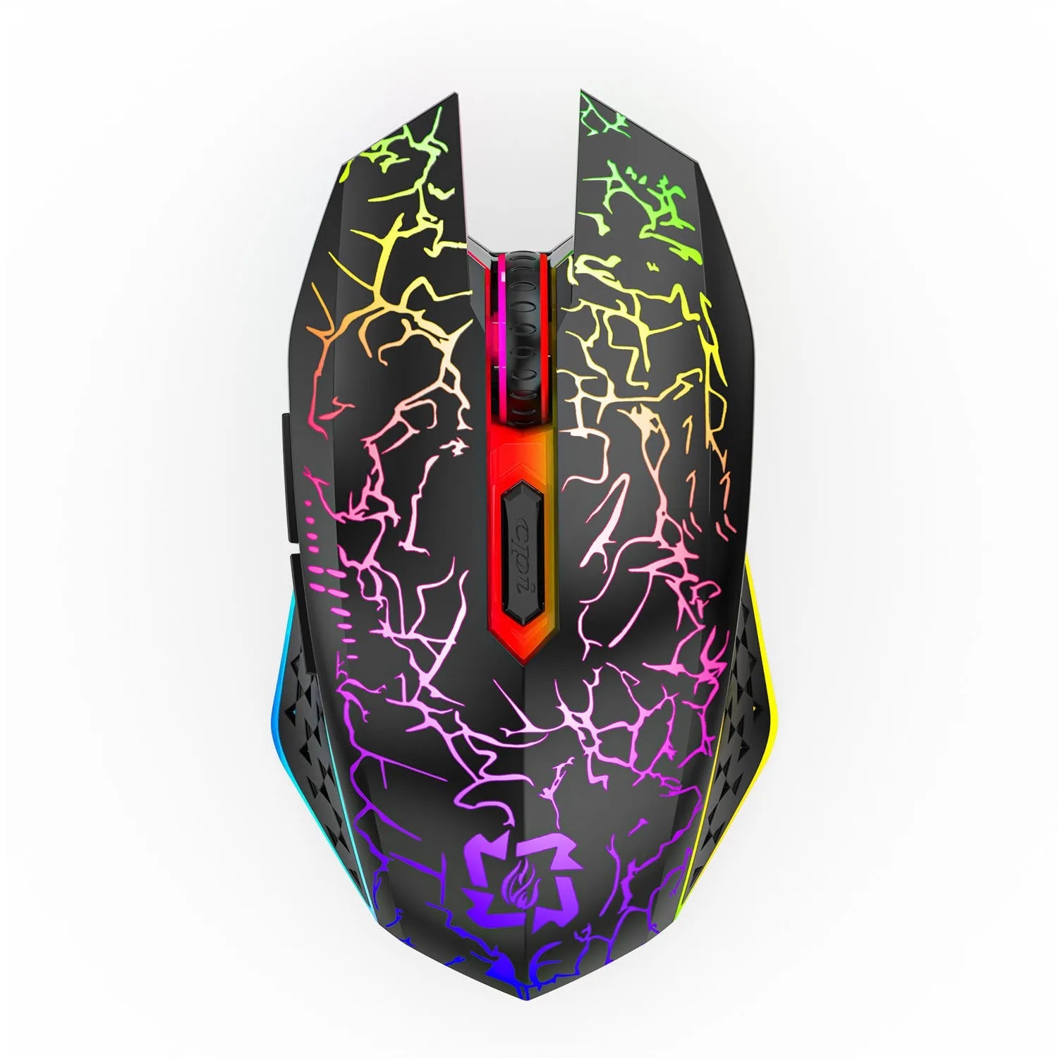 Black and white gaming mouse with luminous breathing light, showing dual-mode connectivity and self-charging design