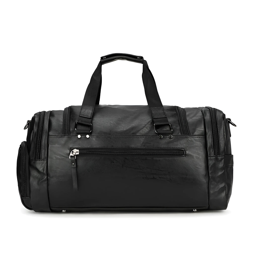Black PU fabric travel bag with shoe storage compartments showing interior organisation