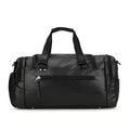 Black PU fabric travel bag with shoe storage compartments showing interior organisation