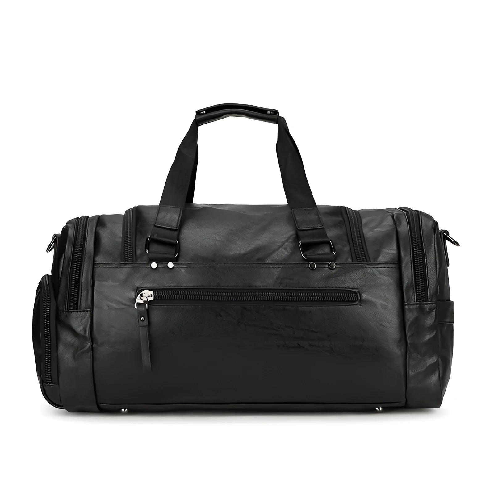 Black PU fabric travel bag with shoe storage compartments showing interior organisation