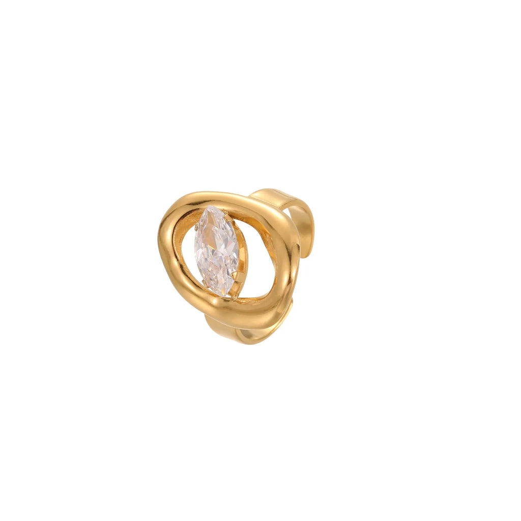 Geometric open mouth zircon fashion ring in stainless steel, showing adjustable design.