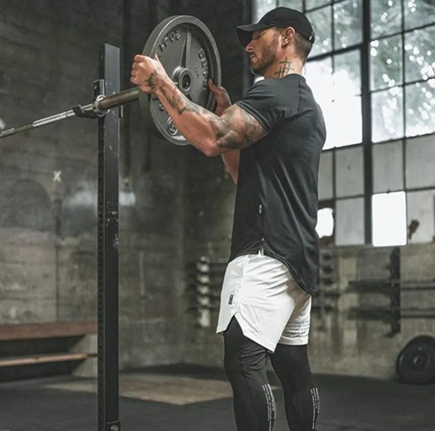 Men's plain and custom letter print gym shirt in cotton spandex blend for fitness.