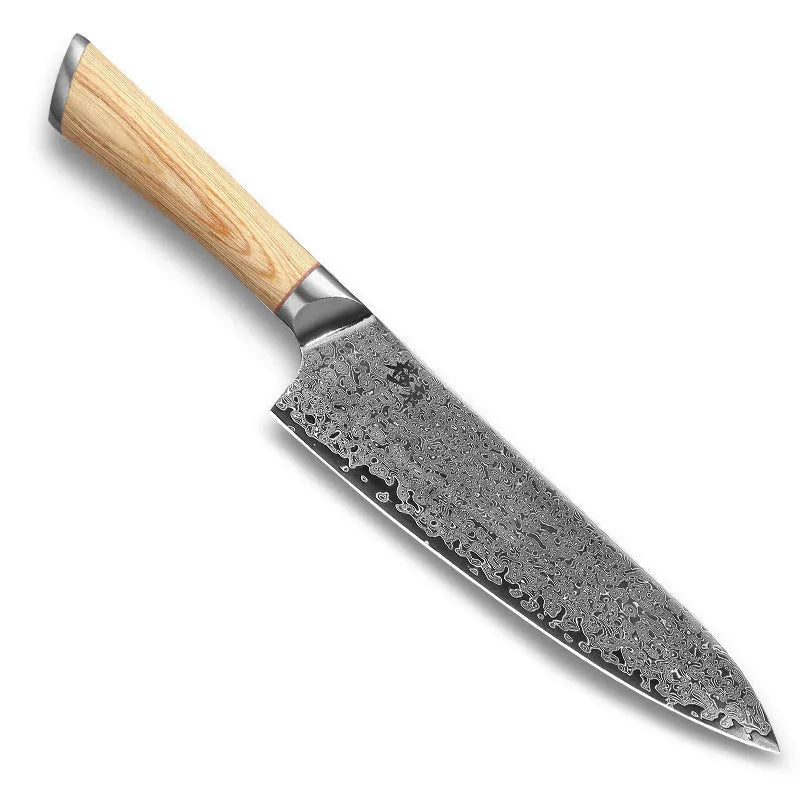 Damascus kitchen knife set with 67-layer steel blades and V gold core, 8-piece on a cutting board