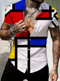 Men's slim fit geometric line print lapel short sleeve shirt in polyester fabric.