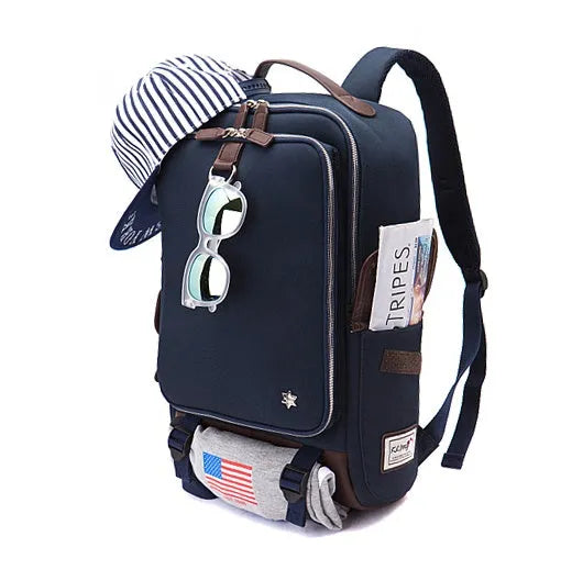 Modern men's Oxford cloth backpack in seven colour options showing 30x16x46cm dimensions
