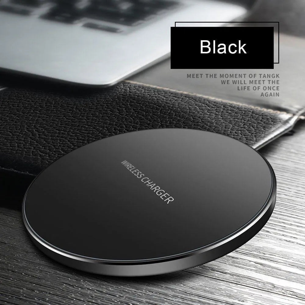Black ultra-thin QI wireless fast charging pad with 98mm square dimensions and slim profile