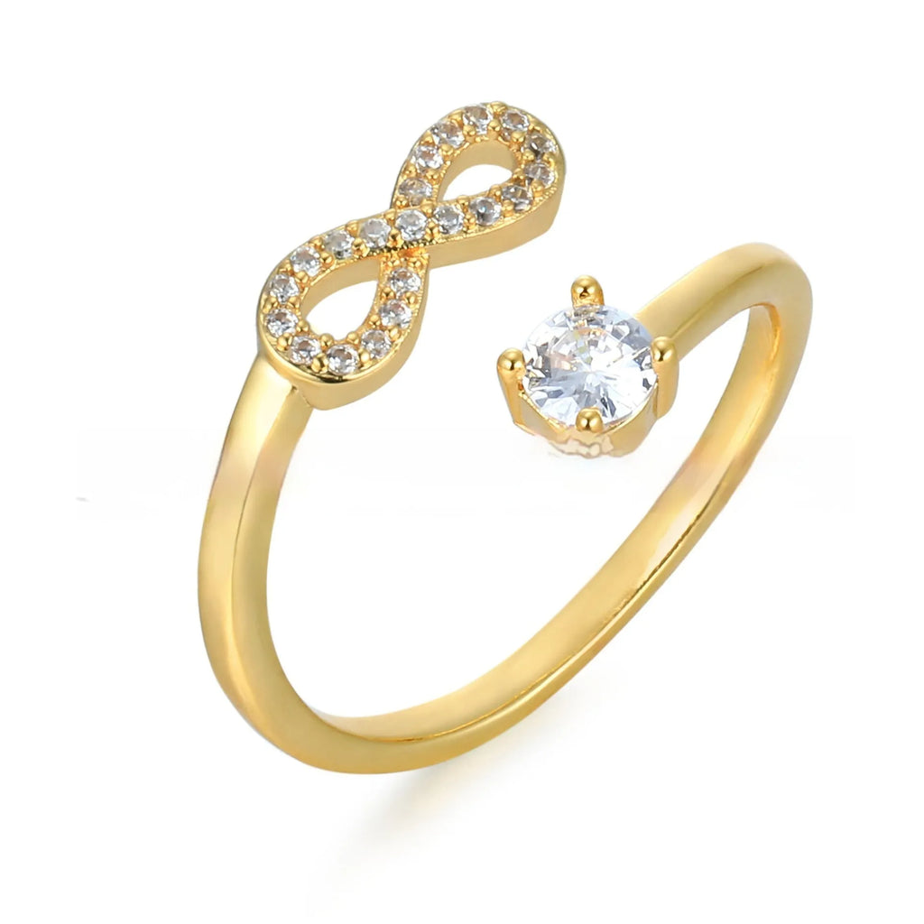 Metal ring with zircon letter initial and geometric design in gold, rose gold or silver colour options