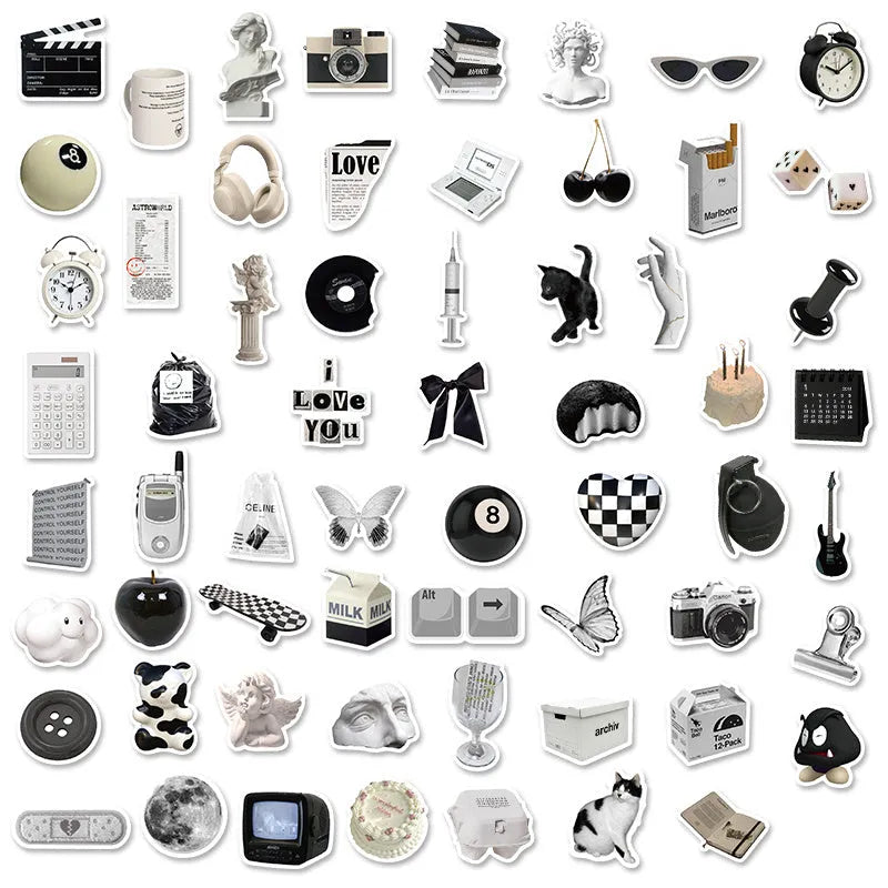 61 black and white waterproof PVC stickers for laptops and phones on a sheet.