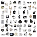 61 black and white waterproof PVC stickers for laptops and phones on a sheet.