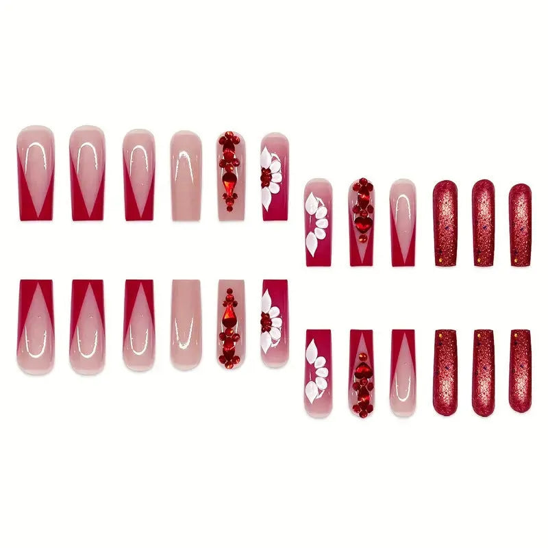 Press-on false nails with sweet floral patterns and red diamond accents in European Square long style