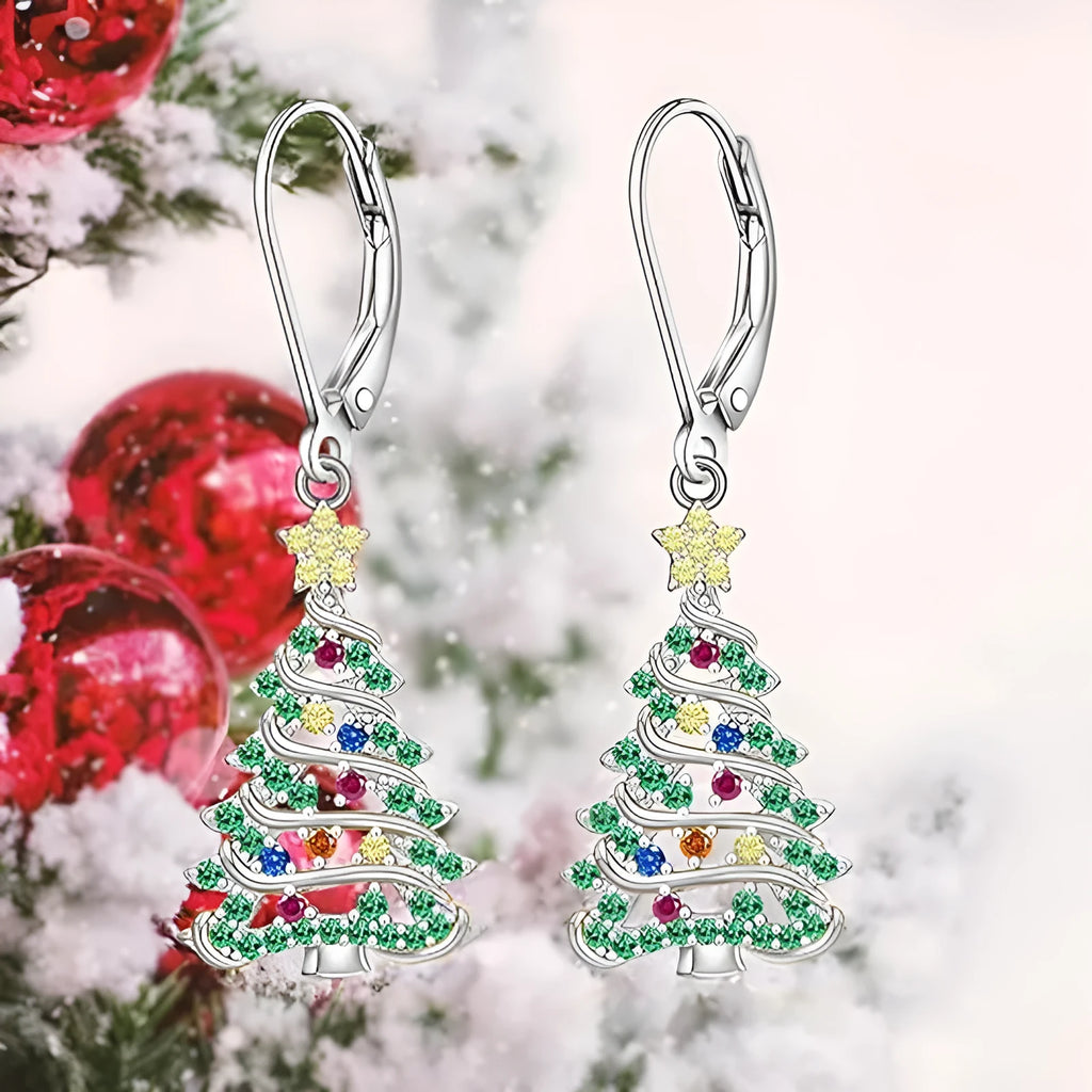 Women's copper Christmas tree earrings with white gold colour plating and star-shaped pendant design
