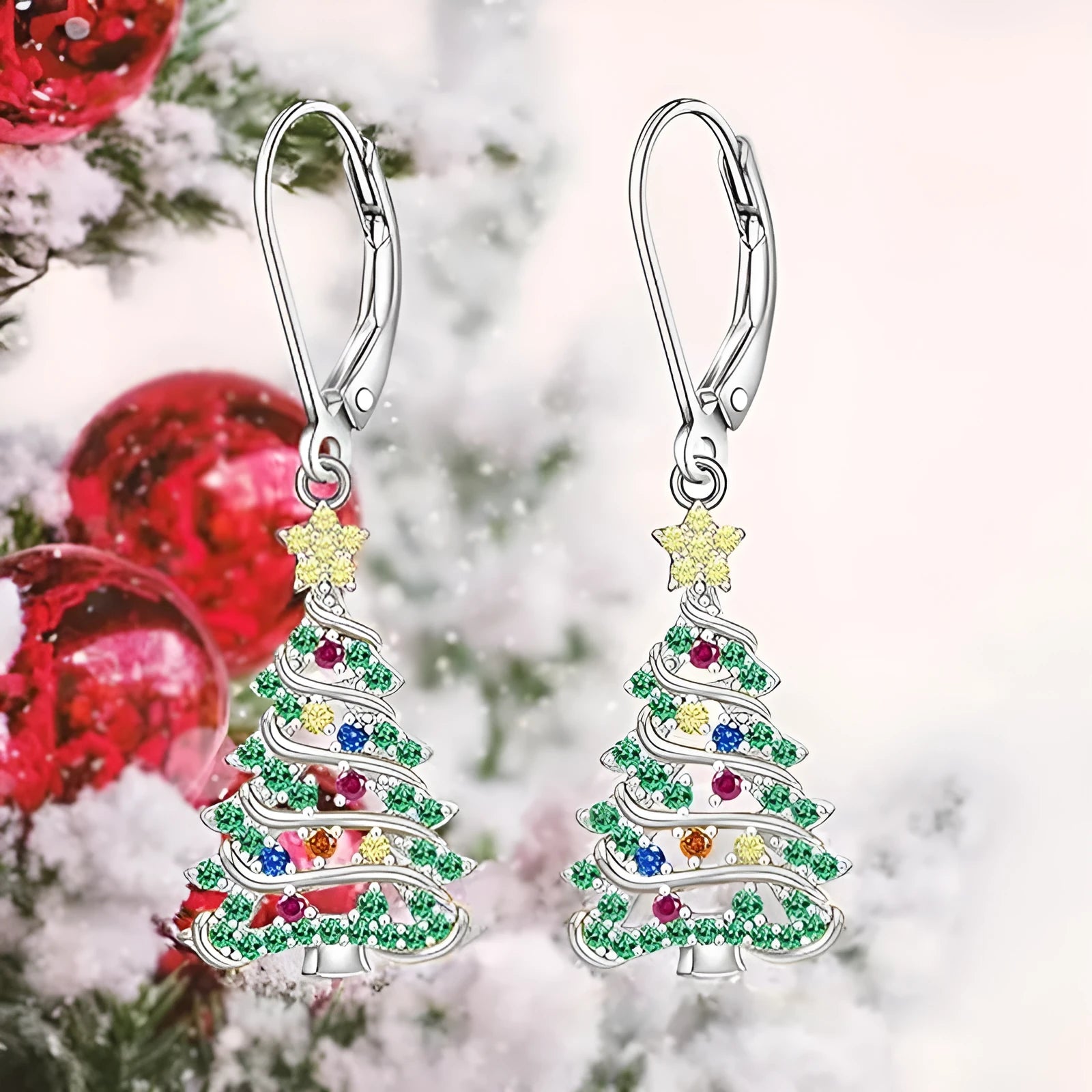 Women's copper Christmas tree earrings with white gold colour plating and star-shaped pendant design