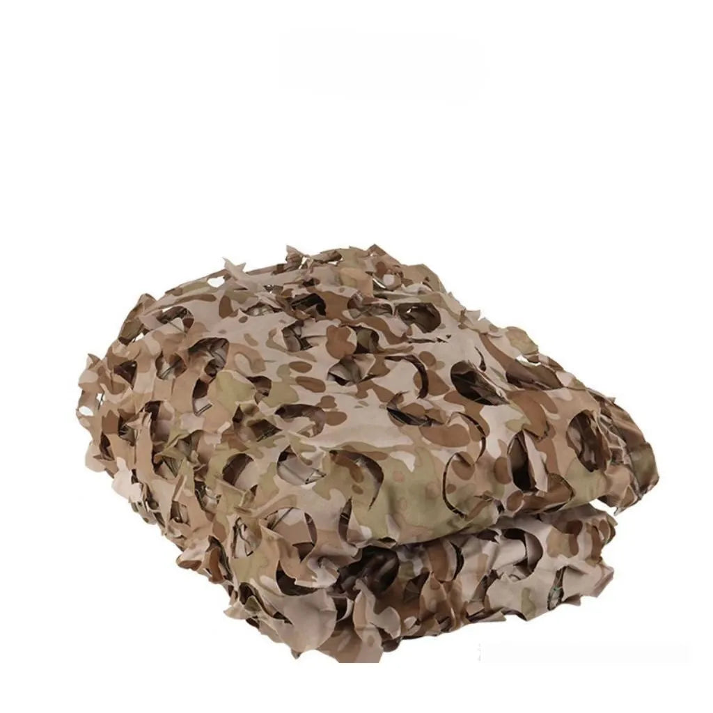 Green camp camouflage netting set showing multiple terrain patterns including desert and snow camouflage on blocking net material