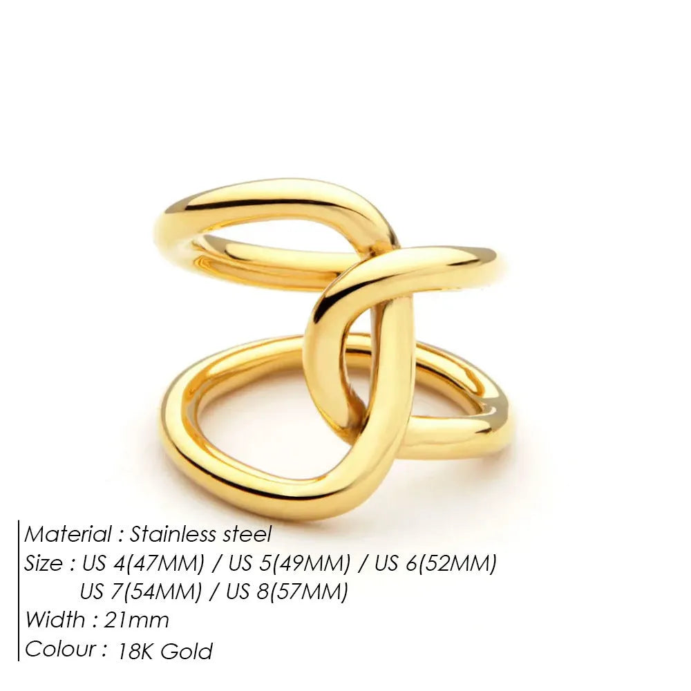Women's stainless steel adjustable ring with knotted geometric U-shape design in gold or steel colour.
