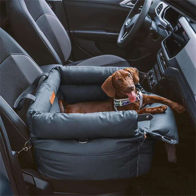 Green waterproof PU leather dog car nest bed with removable inner cushion, shown next to a car seat.