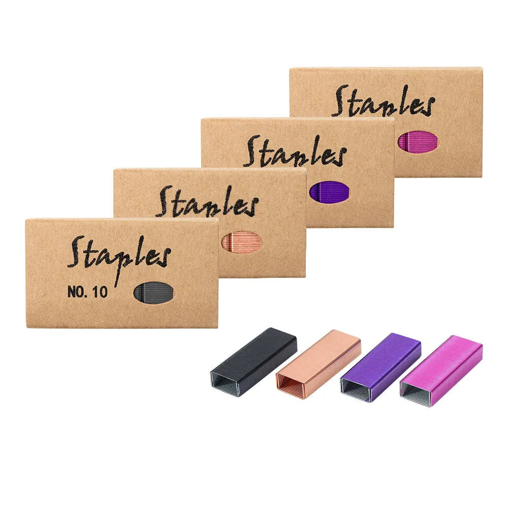 Box of 1000 metal staples in black, purple, rose gold, and rose red colours