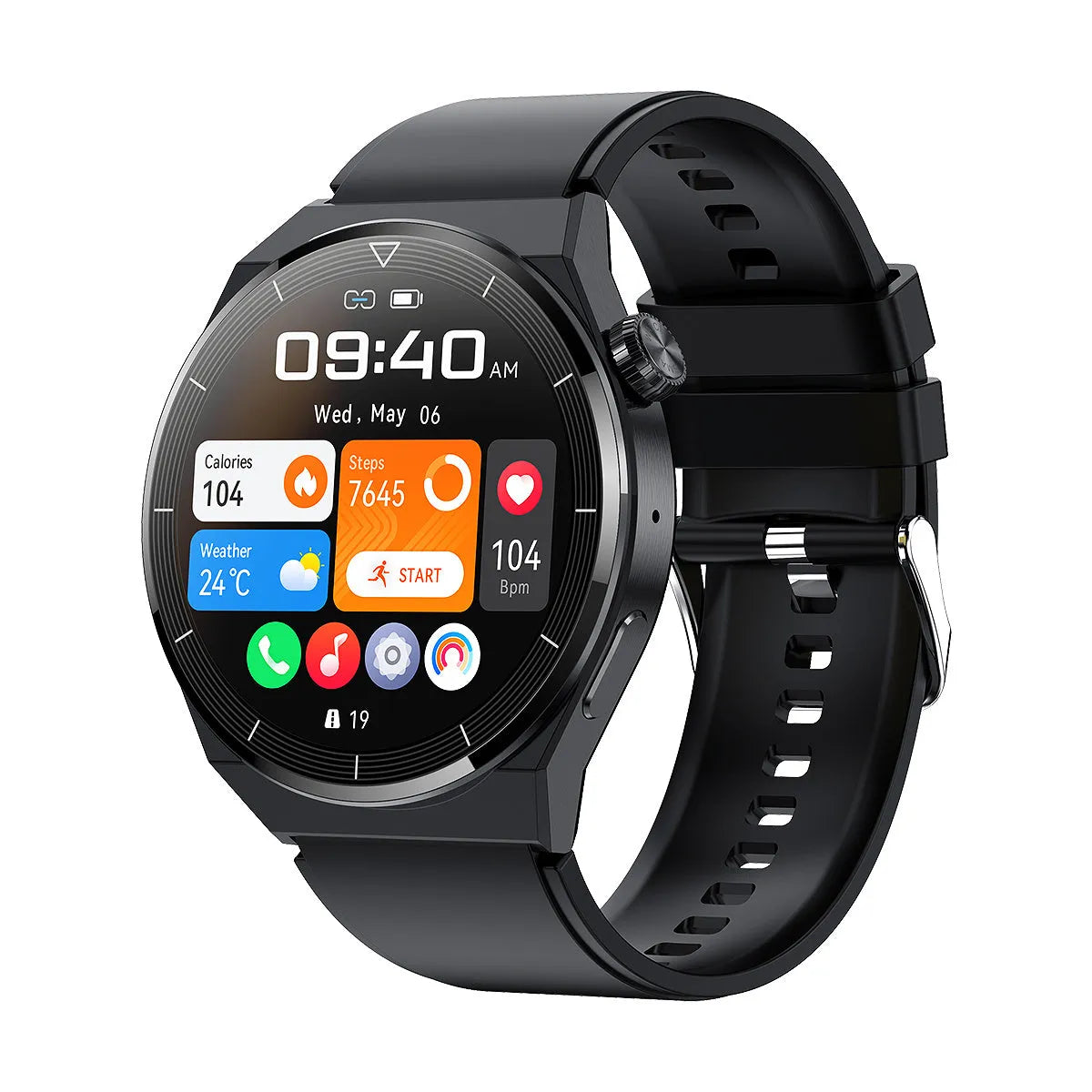 Black Bluetooth smart watch with circular dial and silicone band showing NFC access control and call functionality