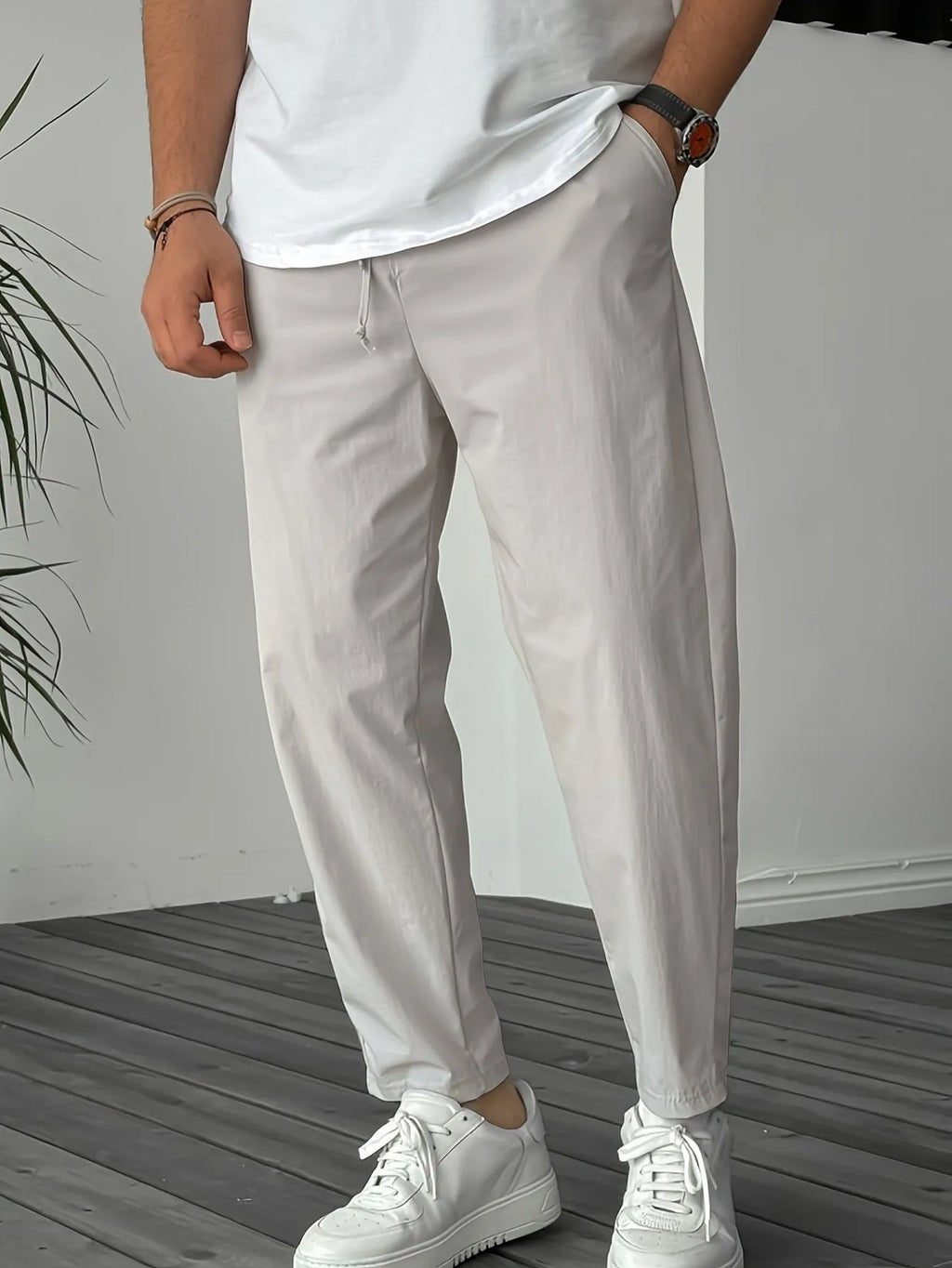 Men's pure color ribbon pocket casual drawstring trousers in straight leg style, fabric blend of bamboo fiber and rabbit fur, available in khaki, black, dark gray, olive green