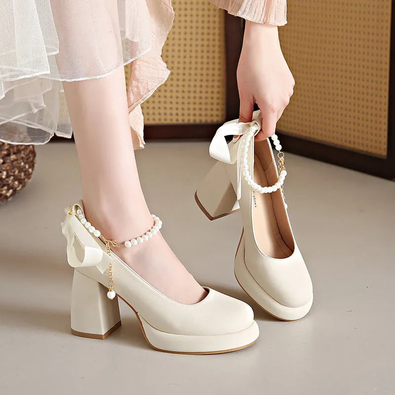 Women's Mary Jane shoes beige chunky heel pearl decoration round toe ankle strap