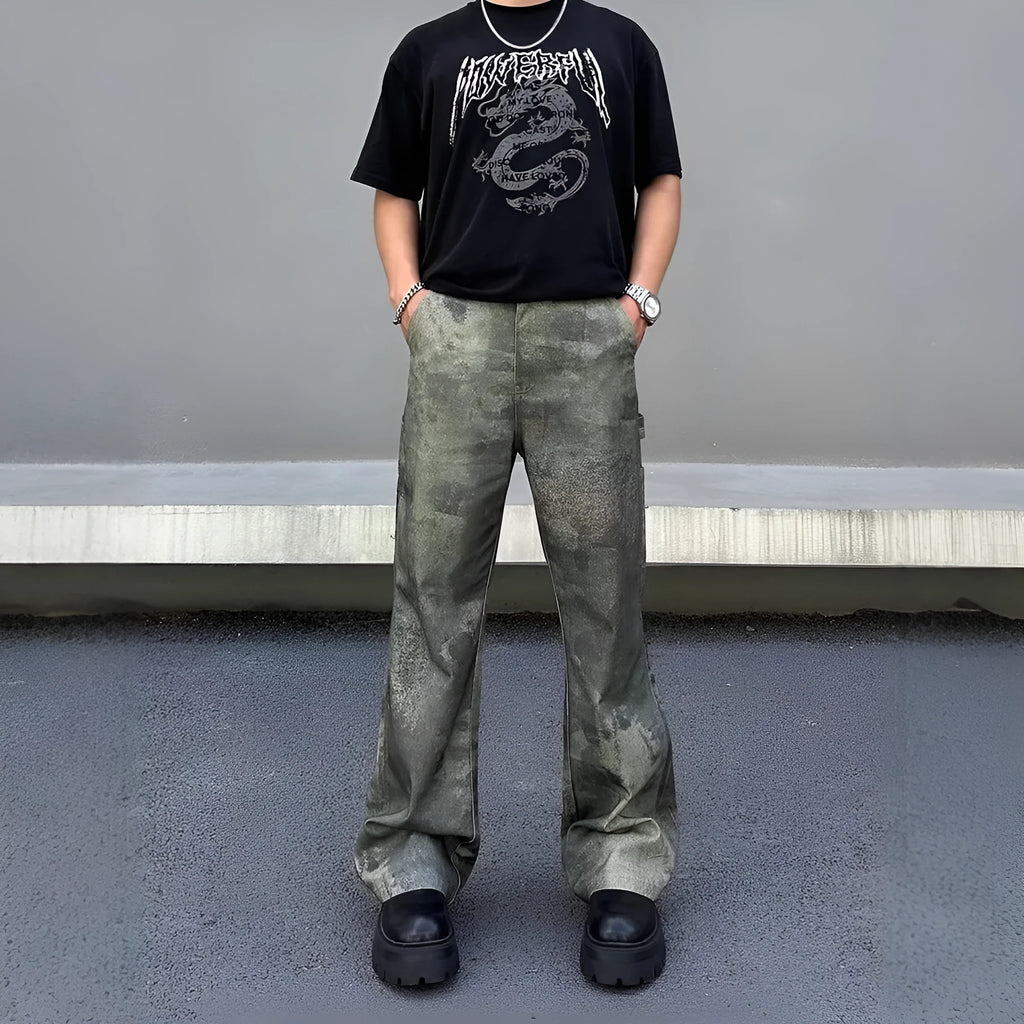 Men's straight leg jeans with a digital camouflage pattern in a retro style, shown in mid waist fit.