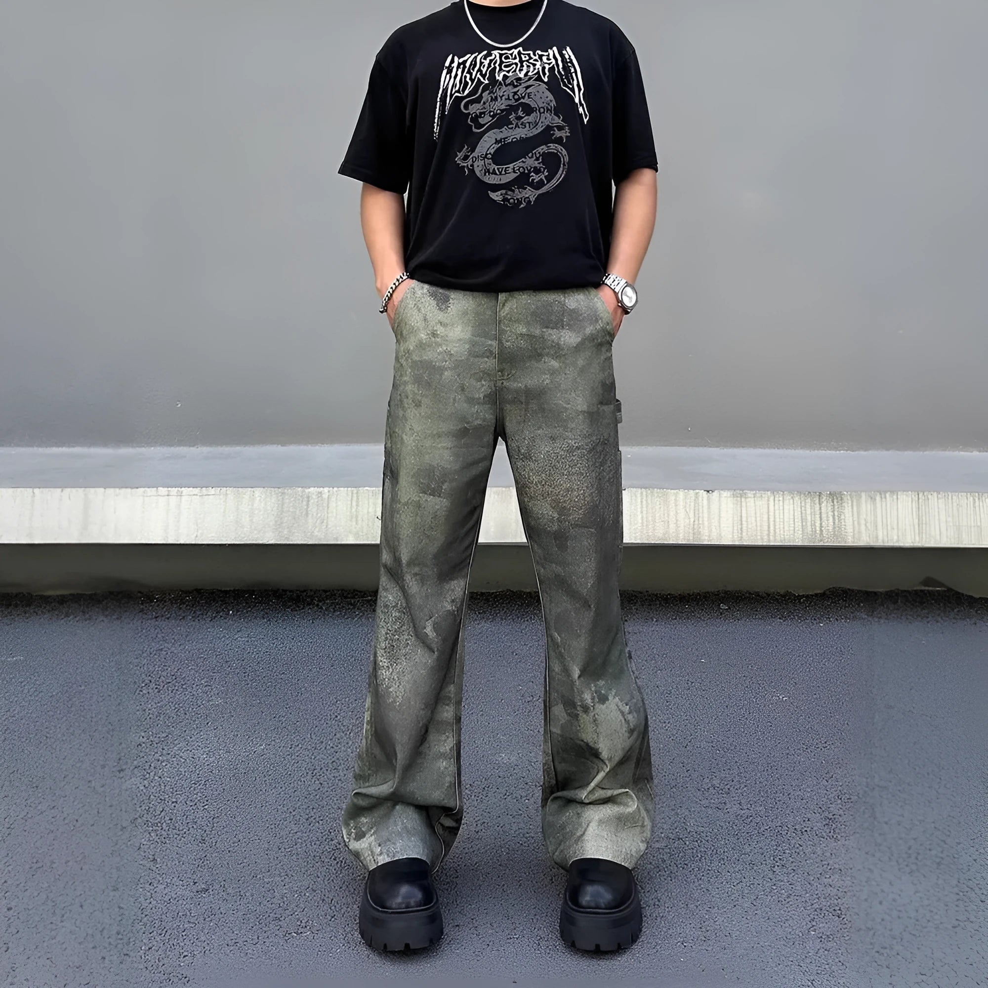 Men's straight leg jeans with a digital camouflage pattern in a retro style, shown in mid waist fit.