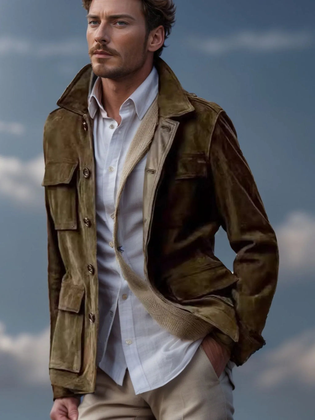 Men's cowhide casual trench coat with multiple pockets in solid colour, polyester blend fabric