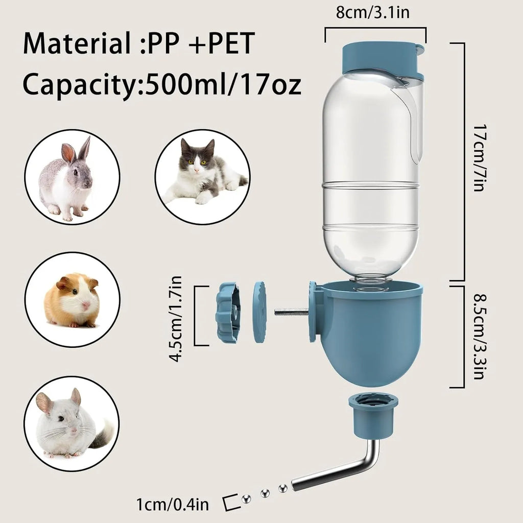 Blue small animal water bottle with 360° rotatable nozzle mounted on cage