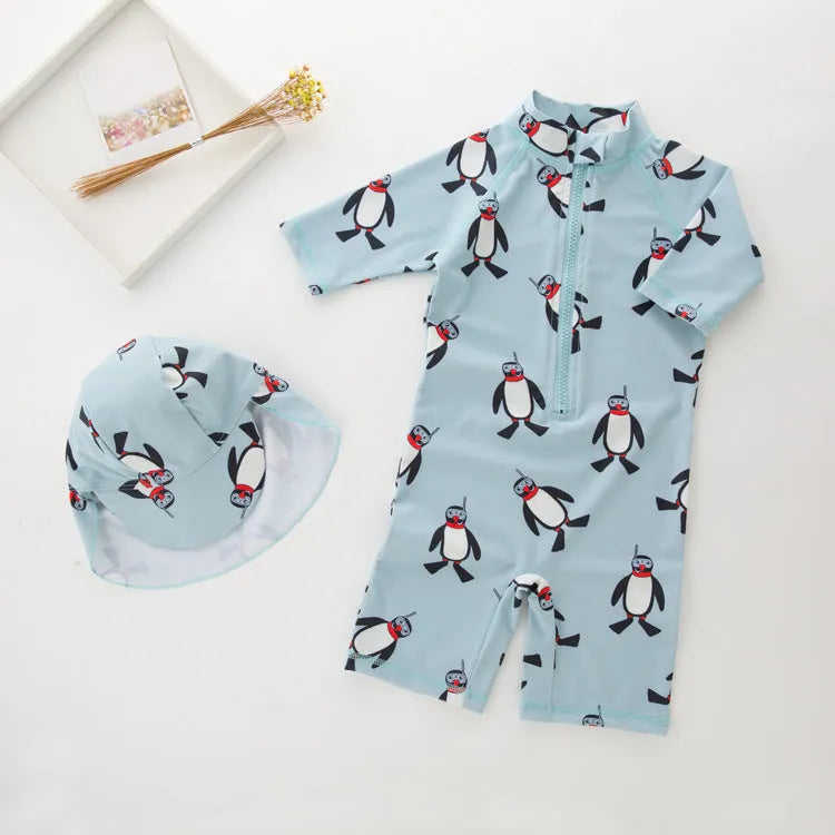Boys' long sleeve penguin print swimsuit two-piece set with matching swimming cap