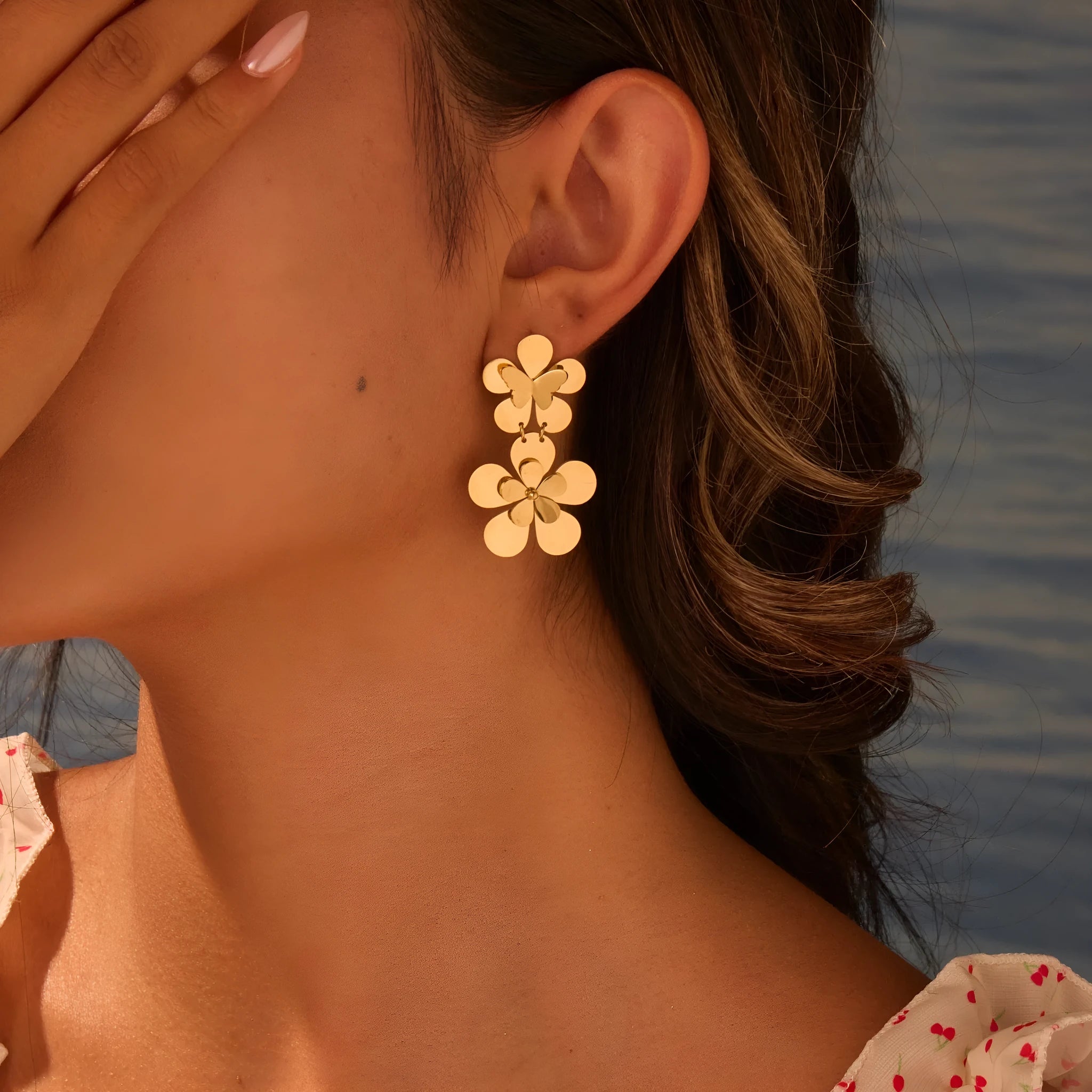 Gold flower butterfly stainless steel earrings with geometric design and 18K electroplated finish