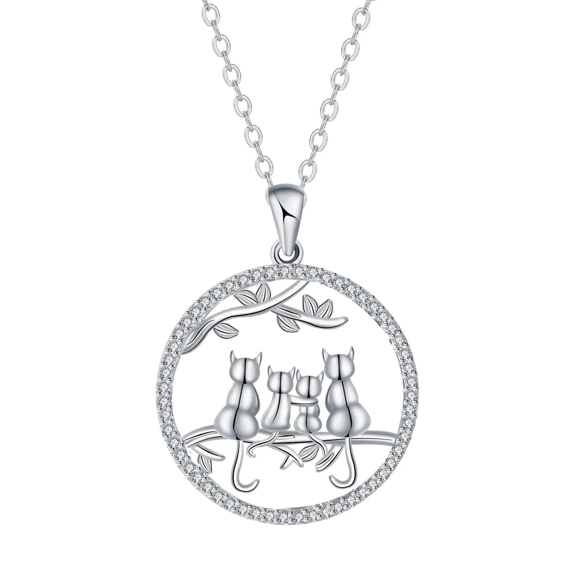 Women's copper necklace with four cat kitten pendants on cross chain, electroplated finish.