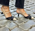 Women's apricot and black colour block stiletto sandals with pointed toe and buckle fastening
