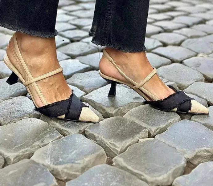 Women's apricot and black colour block stiletto sandals with pointed toe and buckle fastening