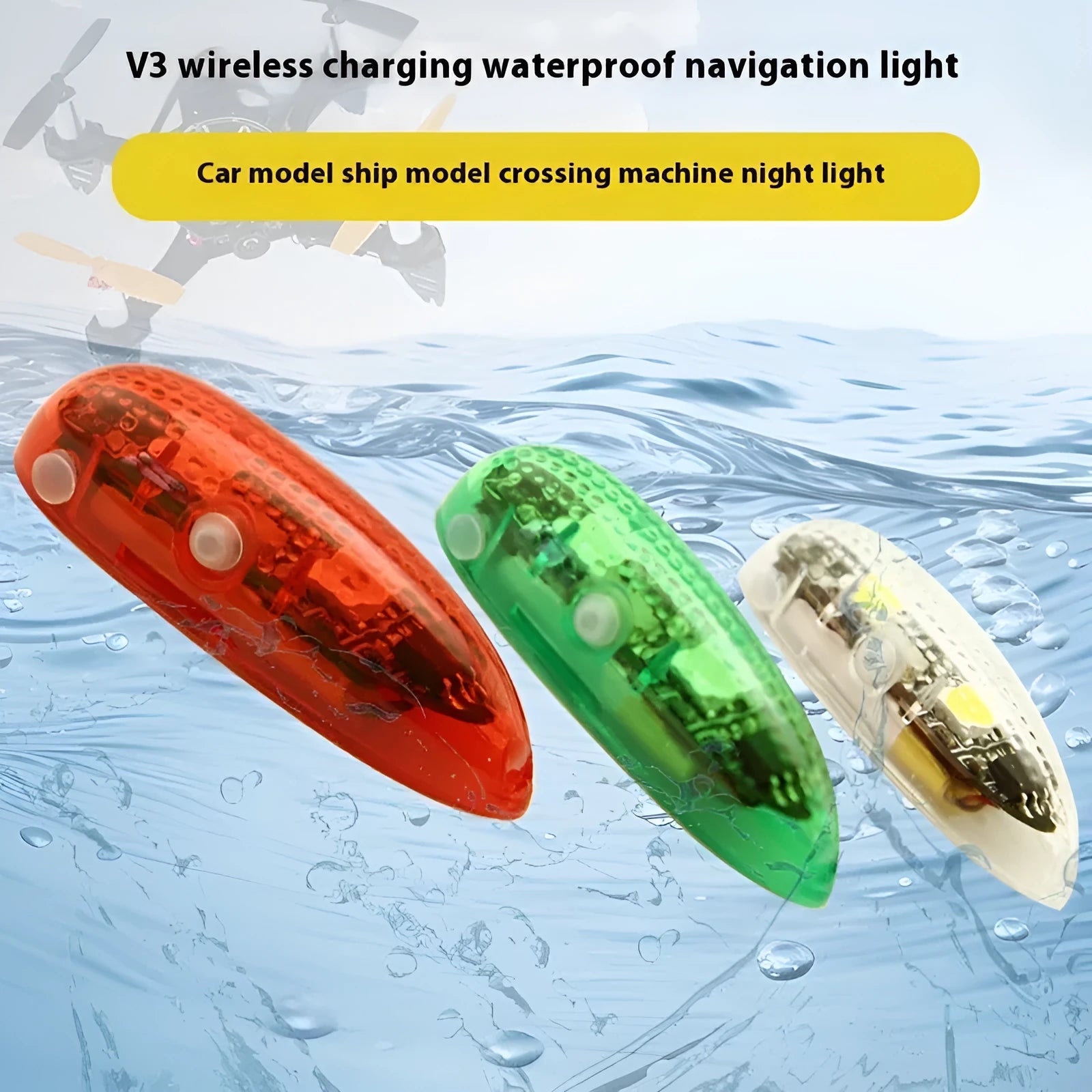 V3 wireless charging navigation light for RC models showing compact size and multiple colour options