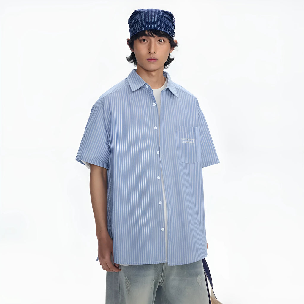 Blue striped overalls short-sleeved shirt for men and women cotton blend cardigan style loose fit
