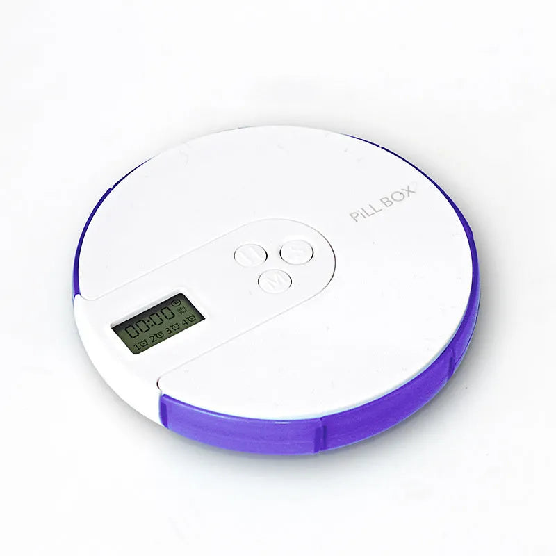 7-compartment alarm clock pill dispenser with programmable timer showing eight colour options