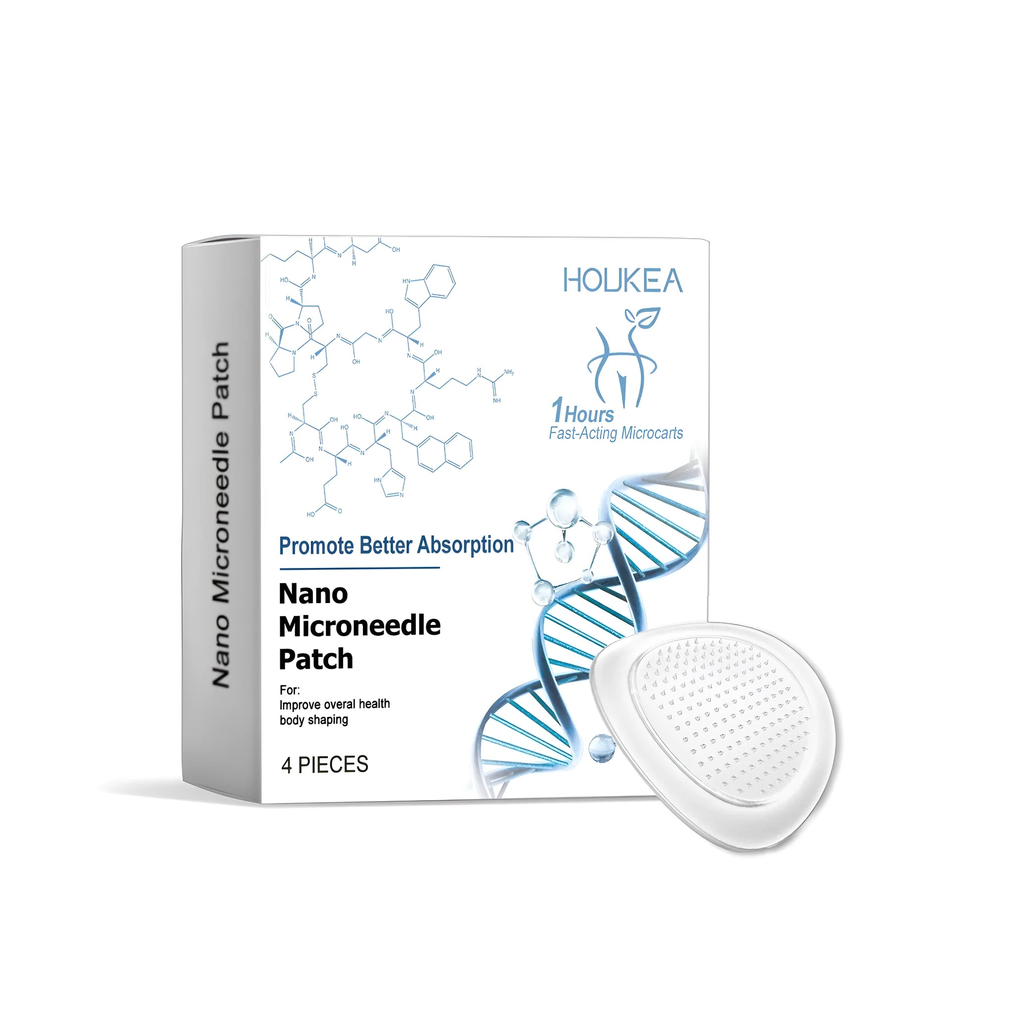 Four nano microneedle patches in open packaging showcasing their design.