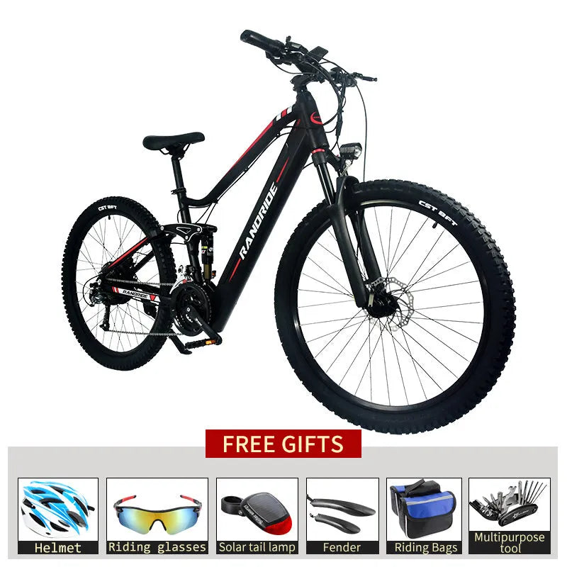 Black red electric mountain bike with full suspension, 27.5 inch wheels, and 750W motor on a dirt trail