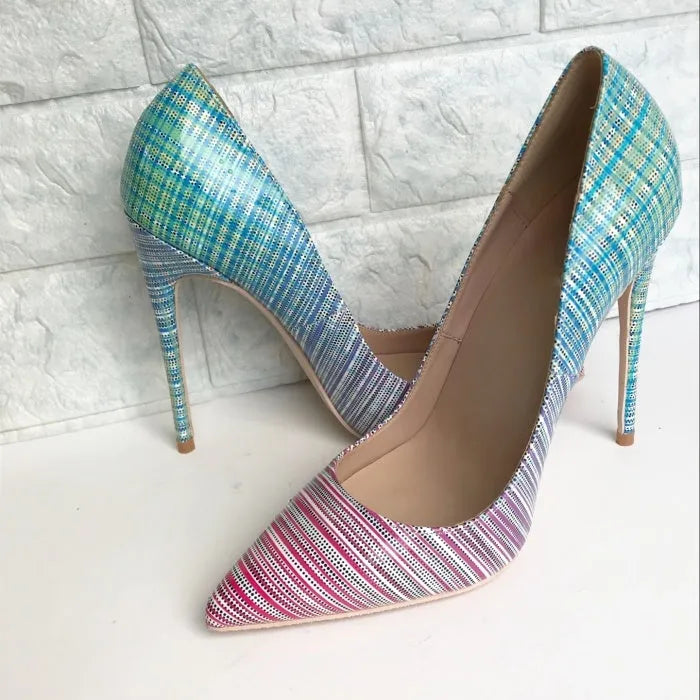 Women's pink-blue gradient patent leather high heels with pointed toes and choice of heel heights
