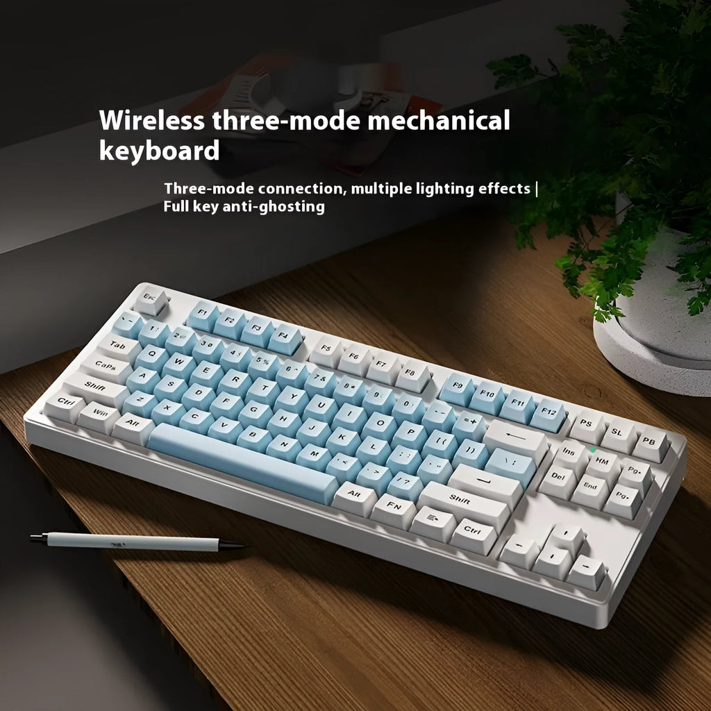 Wireless mechanical keyboard with triple connectivity showing blue and white colour matching design