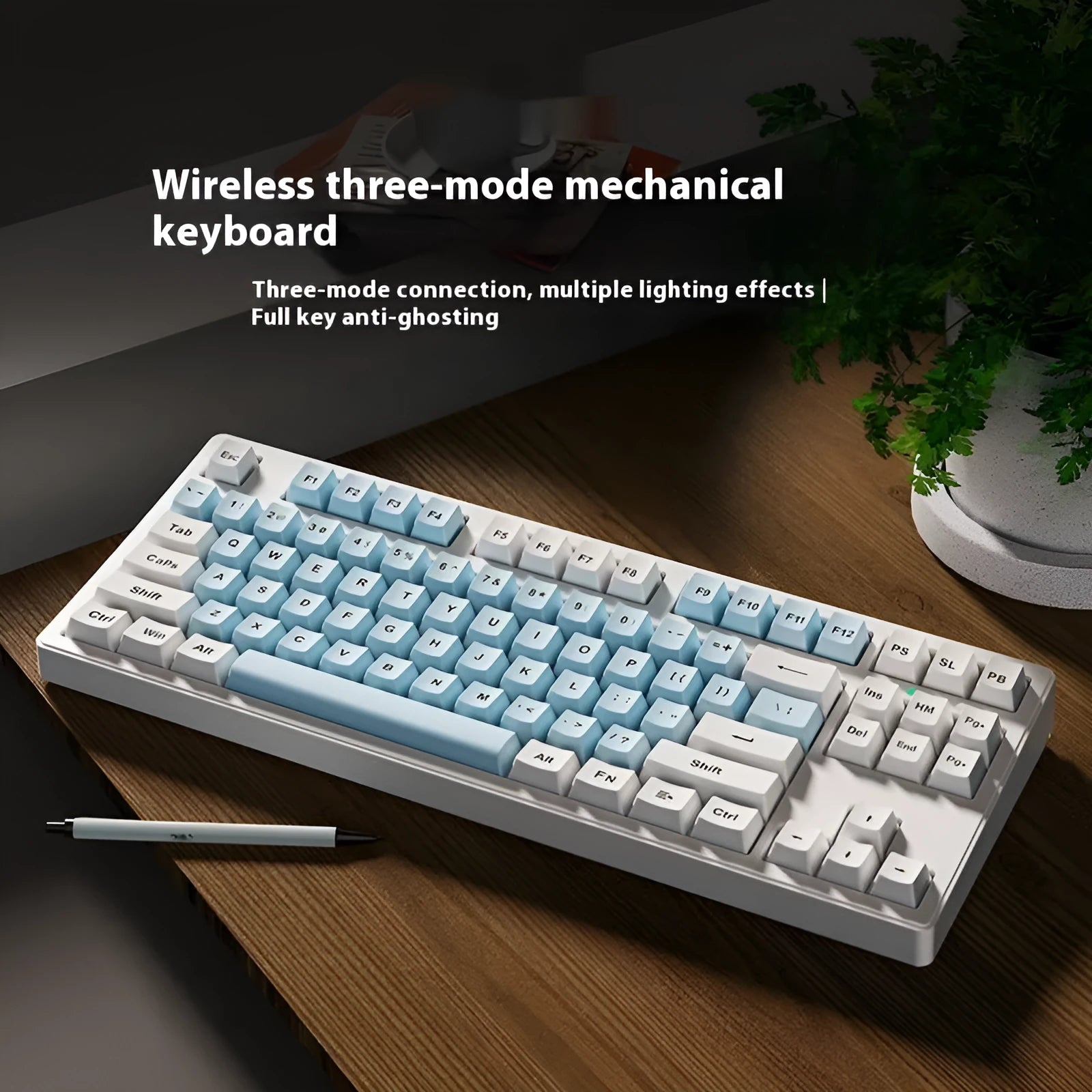 Wireless mechanical keyboard with triple connectivity showing blue and white colour matching design