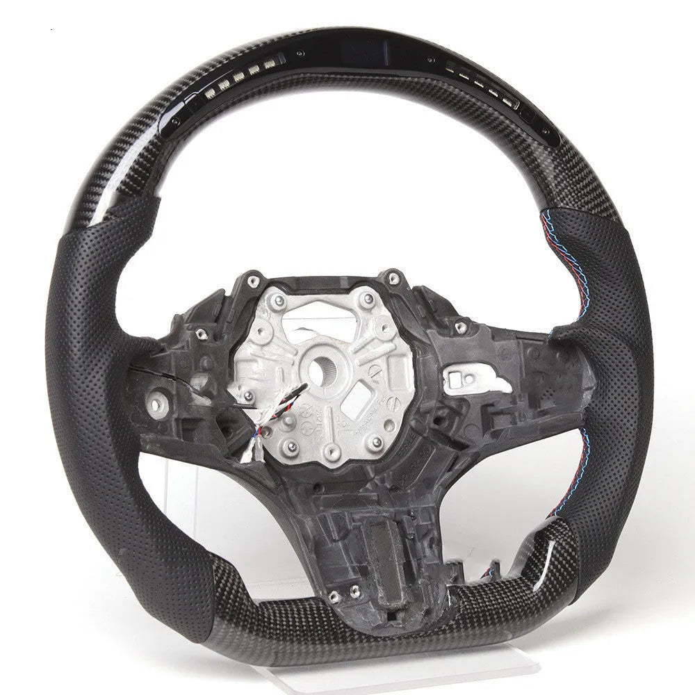 Black carbon fibre BMW steering wheel with LED lights and heating controls