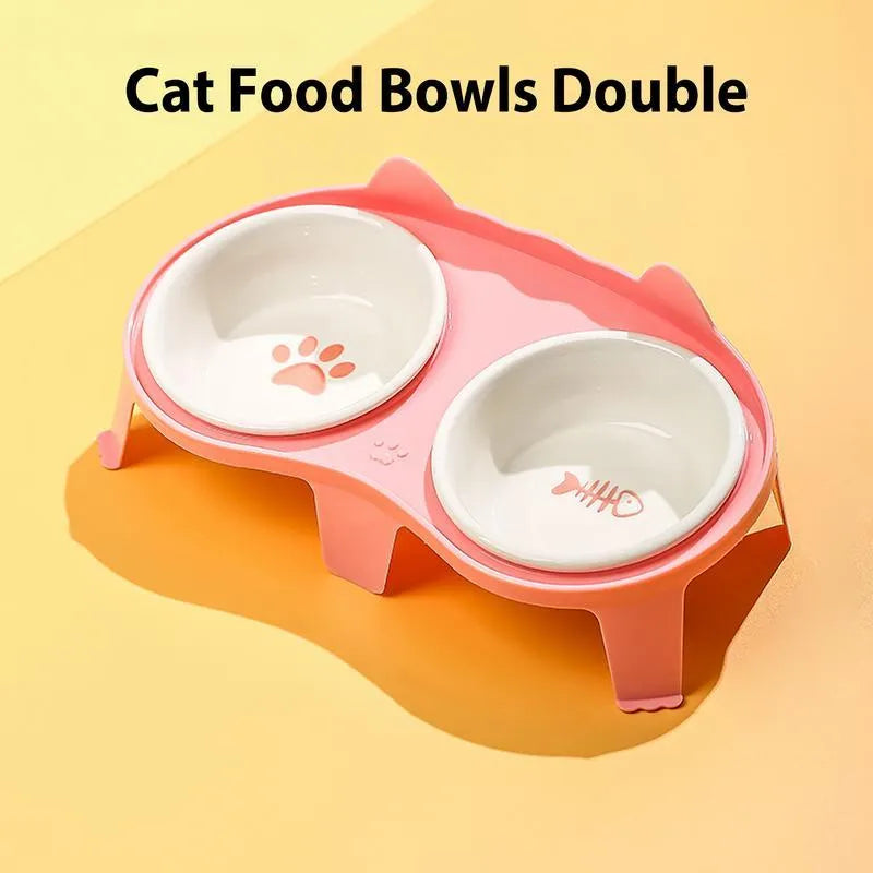Ceramic cat food and water bowl set on elevated stand with hook design in blue colour
