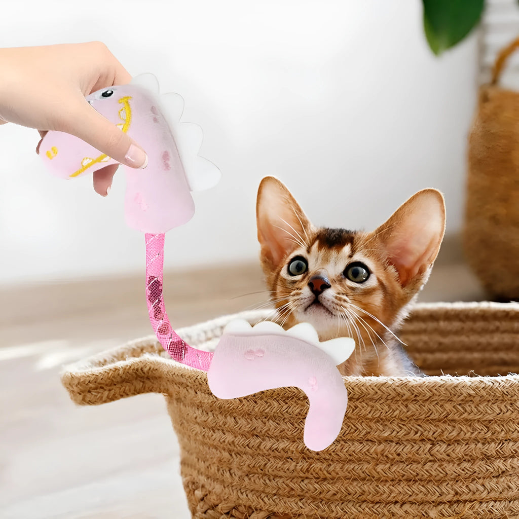 Set of four cat toys: catnip rope toys, springs, plush fish, mouse, and bunny designs in pink, purple, yellow