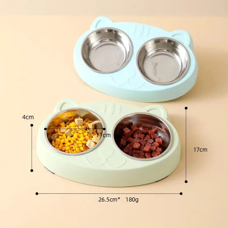 Blue plastic pet feeder tray with two raised bowls for cat or small dog food and water